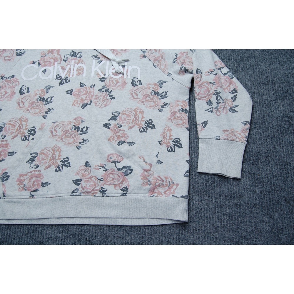 Calvin Klein Hoodie Sweatshirt Womens L Gray Floral Fleece Pullover Logo Raglan - Picture 3 of 9
